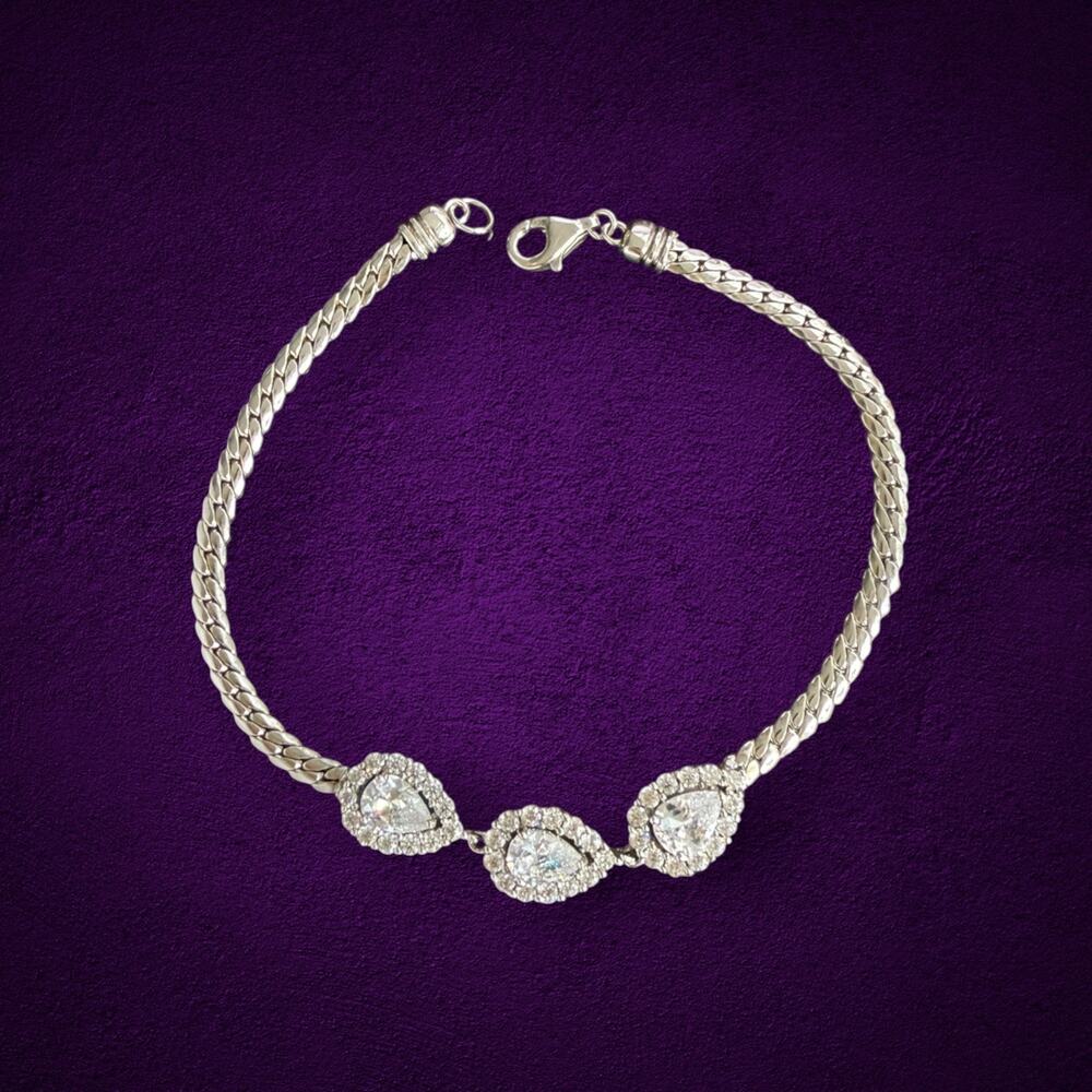 925 Sterling Silver Bridal Bracelet 7.5” Pear Cut Clear Stones Wedding Jewelry